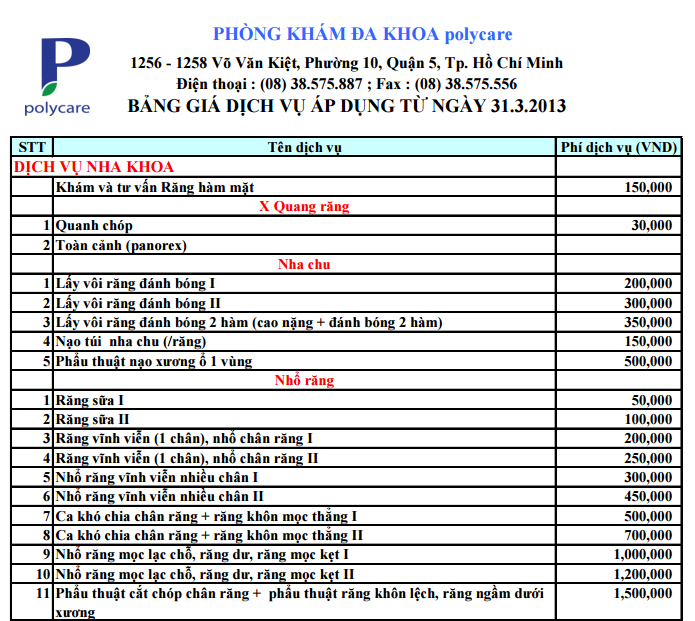 Bảng Giá Nha Khoa Polycare -1