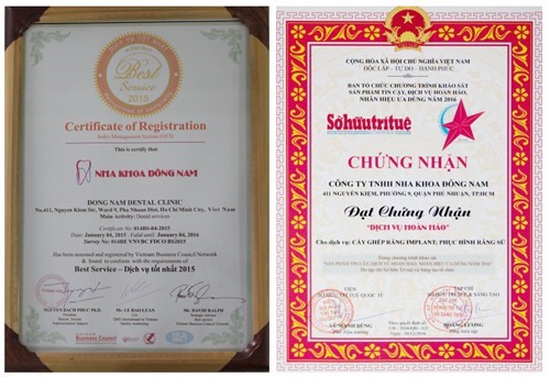 Giấy chứng nhận dịch vụ tại Nha Khoa Đông Nam
